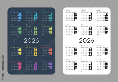 2026 colorful and monochrome months full year calendar grid, pocket size layout