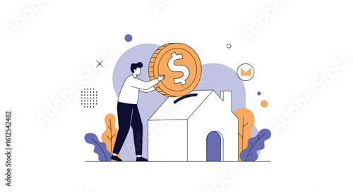 Man Deposits Large Coin Into Piggy Bank Shaped Like A House For Financial Growth Concept