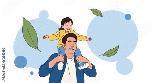 A father carries his daughter on his shoulders enjoying the outdoors together with floating leaves and bubbles