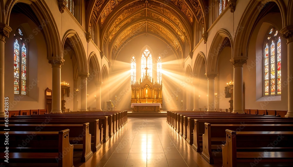 Fototapeta premium Majestic church interior with light streaming through stained glass windows