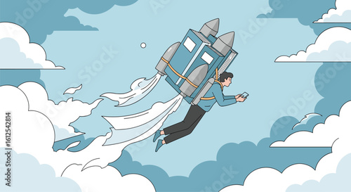 Pixelated businessman propelled by a jetpack through a sky filled with soft blue clouds and white smoke trails