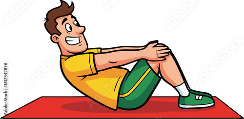 Cartoon Man Performing Happy Abdominal Exercise on a Mat
