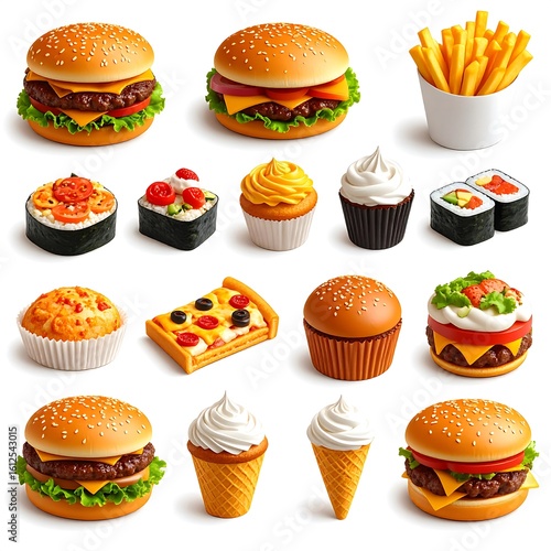 A collage of various appetizing food items, including burgers, fries, sushi, cupcakes, pizza, and ice cream cones, displayed against a bright white background
