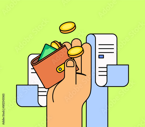 Cartoon illustration of a hand holding a wallet with money, surrounded by receipts and flying coins. Represents personal finance, spending, budgeting, or payments
