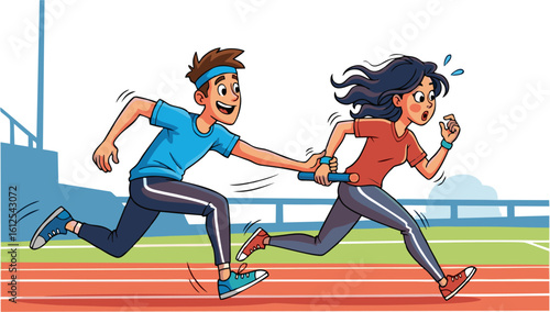 Cartoon Relay Race: Smiling Male Runner Passing Baton to Surprised Female Teammate