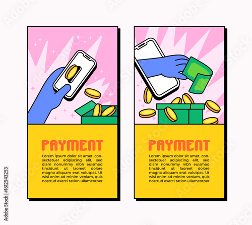 Colorful cartoon banner horizontal illustration showing mobile phone transactions with coins and bills. A stylized concept of digital payments, money transfer, and modern e-wallet usage