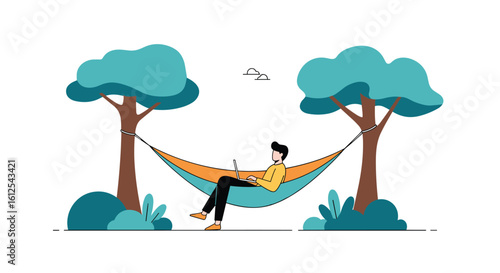 Person relaxing in a hammock between trees using a laptop outdoors enjoying nature and a peaceful environment