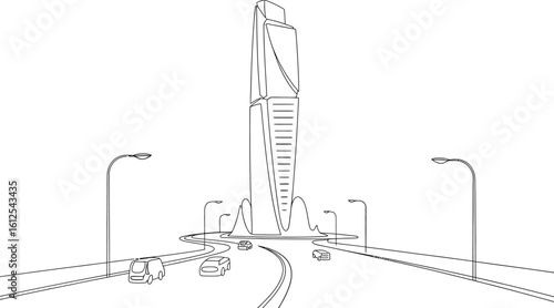 Architectural drawing of a modern street intersection with streetlights and traffic signals