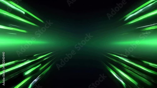 Futuristic Tunnel with Dynamic Green Laser Light Streaks in Motion
