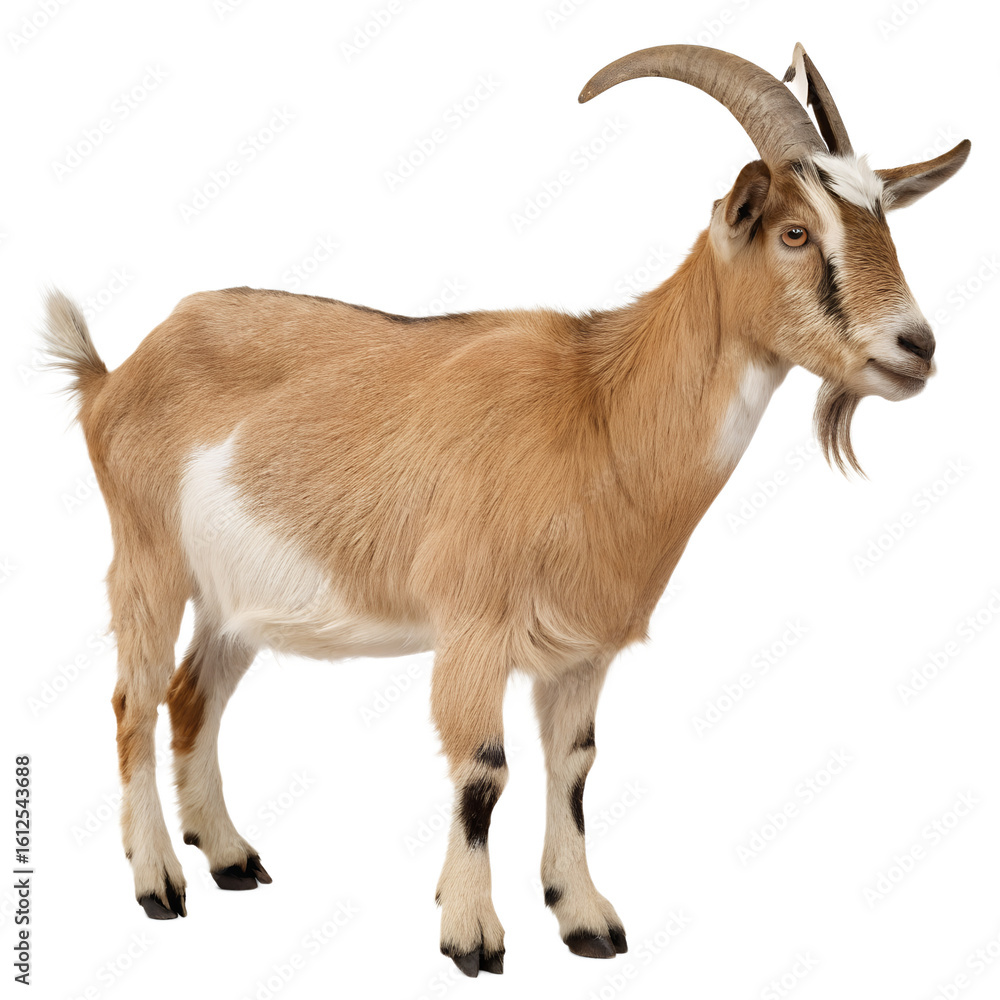 Fototapeta premium A goat standing on a light gray background. The goat has light brown fur with a prominent white patch on its side and chest, extending down its front legs. It has distinctive curved horns.