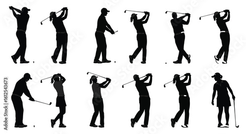 Silhouette Collection of Male and Female Golfers Swinging Golf Clubs on White Background Demonstrating Different Stages of a Golf Swing
