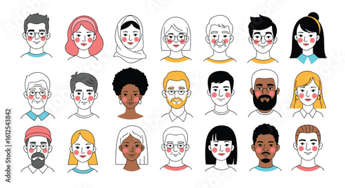 A Vibrant Collection of Diverse People Representing Global Humanity and Community Spirit in Artistic Stylized Portraits