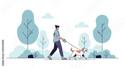 Person walking a dog in a park with trees and clouds enjoying outdoor recreation and leisure time on a pleasant day