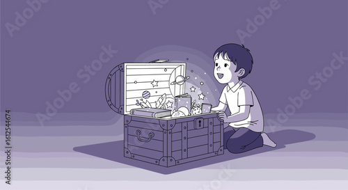Young child discovering a treasure chest filled with glowing magical surprises on a purple background