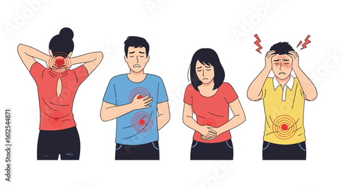 Illustrating Various Bodily Aches and Pains Experienced by Individuals Showing Symptoms of Discomfort and Illness