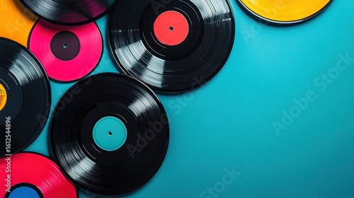 A colorful collection of vinyl records on a vibrant blue background. The record collection features a mix of vibrant colors and textures