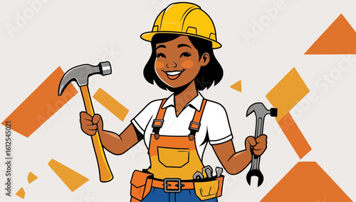 Smiling female construction worker in a hard hat holding a hammer and wrench. Concept of women in skilled trades and empowerment.