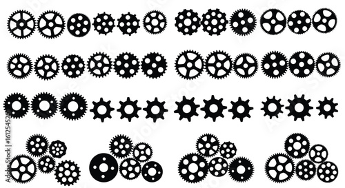Collection of Black and White Gear Icons Mechanical Elements and Industrial Symbols on a White Background