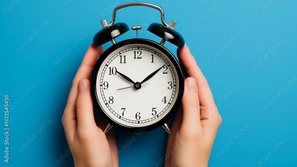 Sleep work productivity. Black alarm clock hands holding timepiece blue background showing clear numbers vintage classic analog hour minute second circle Sleep work productivity. Black alarm clock hands holding timepiece blue background showing clear numbers vintage classic analog hour minute second circle