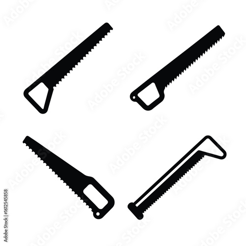 Tools & DIY Equipment Silhouettes – Hand Saw Icon Set, Black Vector Collection of Cutting Tools Isolated on White Background