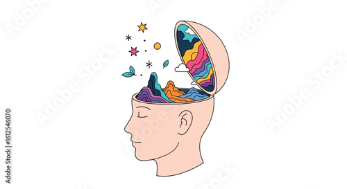Vivid imagination bursting from an open human head concept artwork symbolizing creativity and boundless thought