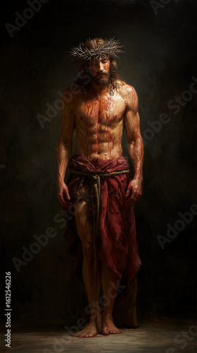 Jesus standing with a crown of thorns, full-length portrait, hyper-realistic oil painting.