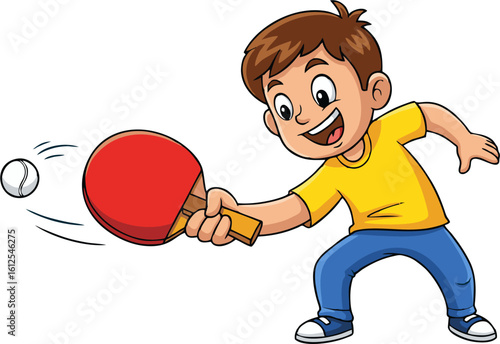 Cheerful Boy Playing Table Tennis, Hitting Ball with Red Paddle, Cartoon Illustration.