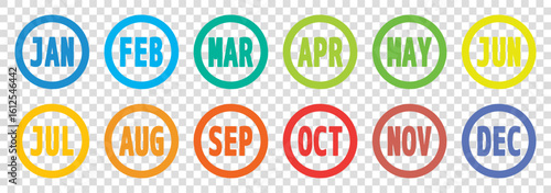 colorful twelve bullet points, from january to december 12 months round outline markers, vector infographics elements