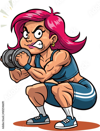 Cartoon woman with pink hair lifting dumbbells in a squat position