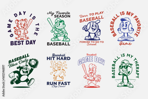 Baseball quote and mascot cartoon character vector design bundle. Can be used as t shirt, poster, sticker, or print design