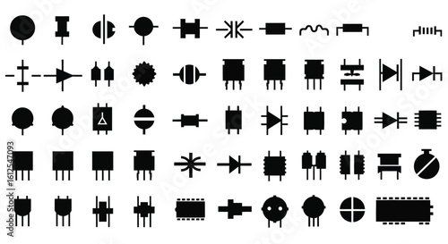 Electronic component symbols set in a black and white illustration suitable for engineering diagrams and schematic representations of circuit designs