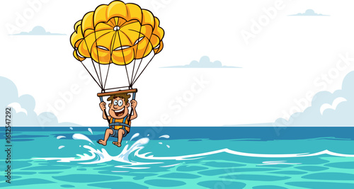 Cheerful Cartoon Character Parasailing Over Water with a Bright Yellow Parachute