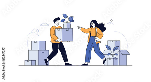 Two people moving boxes and plants symbolizing relocation or moving home preparation and packing process
