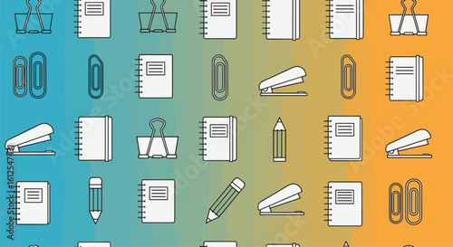 Collection of Pixel Art Icons Representing Stationery and School Supplies with a Gradual Color Transition Background