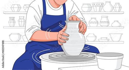 Artist Creating Ceramic Pottery Using a Spinning Wheel Crafting a Beautiful Vase in a Studio Setting