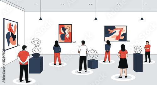 Visitors Observe Diverse Artworks Displayed in a Modern Gallery with Social Distancing Measures