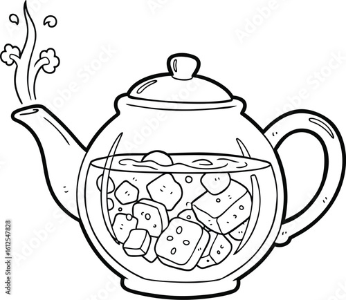 Steaming glass teapot filled with ice cubes and liquid