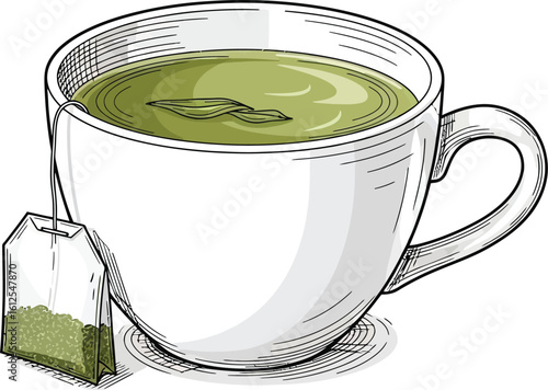 Hand drawn sketch of a cup of green tea with tea bag
