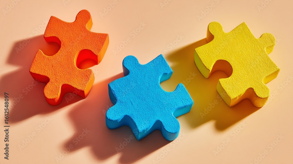 Obraz premium Three colorful jigsaw puzzle pieces orange blue and yellow cast shadows on a peachtoned surface