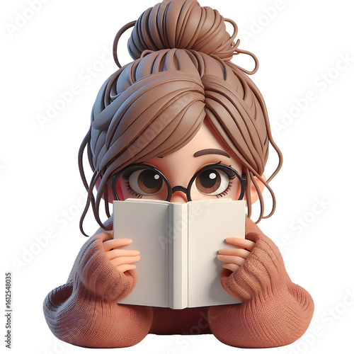 Shy girl hiding slightly behind a book, transparent background