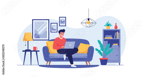 Man Sitting on Sofa Working on Laptop in a Modern Living Room with Plants and Artwork