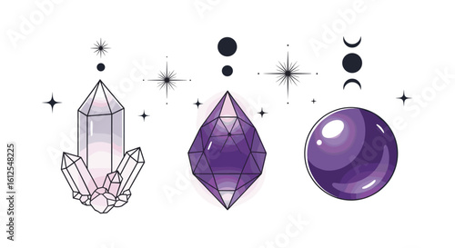 Enchanting Celestial Crystal Pendants And A Smooth Violet Orb Adorned With Cosmic Sparkles And Lunar Phases