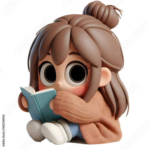Shy girl hiding slightly behind a book, transparent background