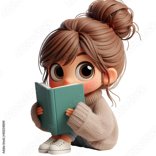 Shy girl hiding slightly behind a book, transparent background