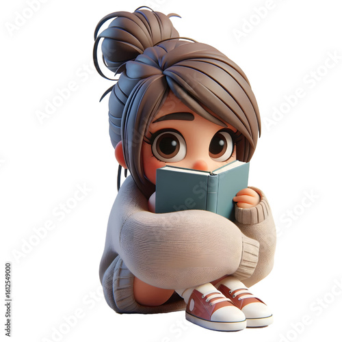 Shy girl hiding slightly behind a book, transparent background