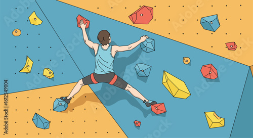An Athlete Ascends a Rock Climbing Wall Utilizing Specialized Grips for Upward Mobility