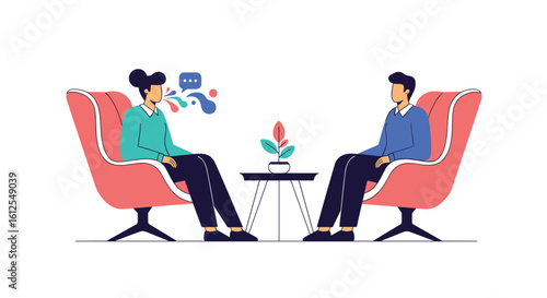 Two people sitting in chairs talking to each other with a plant on the table in between them with speech bubble above them