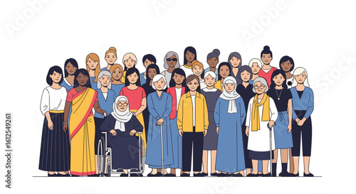 Diverse Group of Women of Various Ages and Ethnicities Standing Together in Unity and Strength