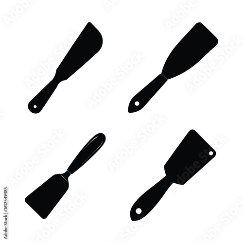 Tools & DIY Equipment Silhouettes – Putty Knife and Scraper Icon Set, Black Vector Collection of Hand Tools Isolated on White Background