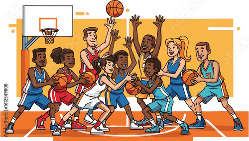 Diverse basketball team in action, dribbling, passing, and shooting on the court
